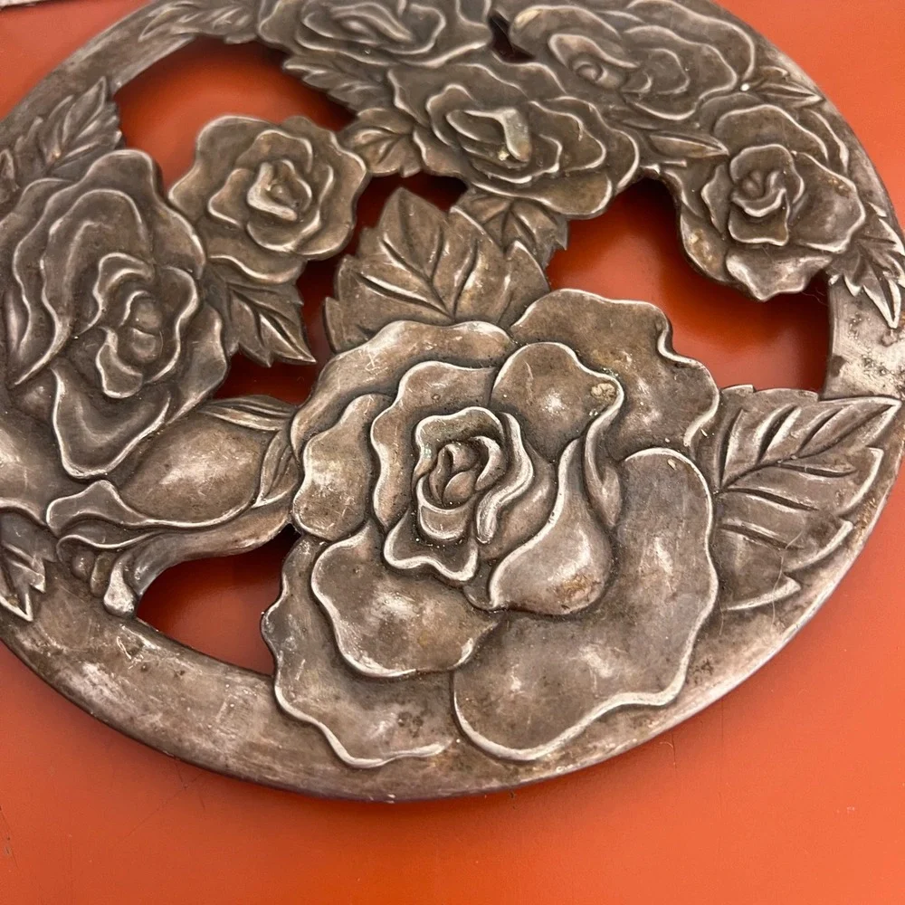 Vintage Silver Tone Metal Rose Floral Trivet Round Hot Plate 8 Inch Cottagecore
